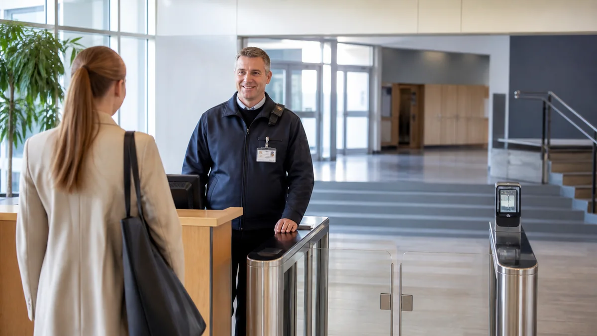Работник охраны контролирует вход в образовательную организацию